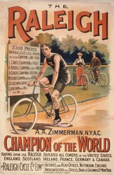 Plakat, das Fahrräder von Raleigh mit einem Porträt von Arthur Augustus Zimmerman, Weltmeister, 1893, bewirbt